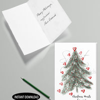 A printable Christmas greeting card with a Christmas tree full of hearts
