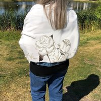BLANKET SCARF with original drawing of roses and peony, fleece blanket scarf to wear with your jacket, fleece wrap to cuddle up with