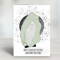A printable Christmas greeting card with a cute gnome wishing someone a restful Christmas this year.