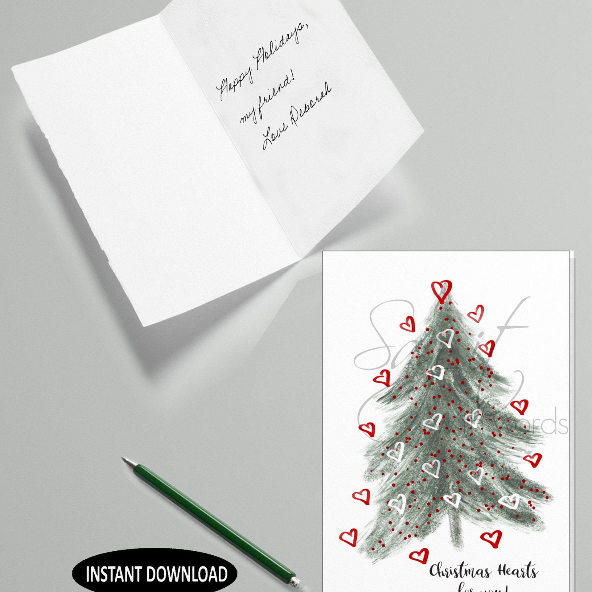 A printable Christmas greeting card with a Christmas tree full of hearts