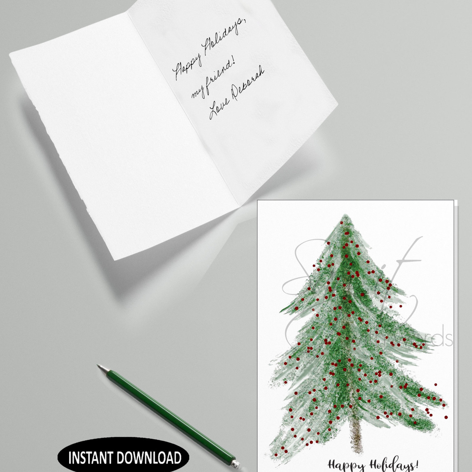 A printable Christmas greeting card wishing Happy Holidays