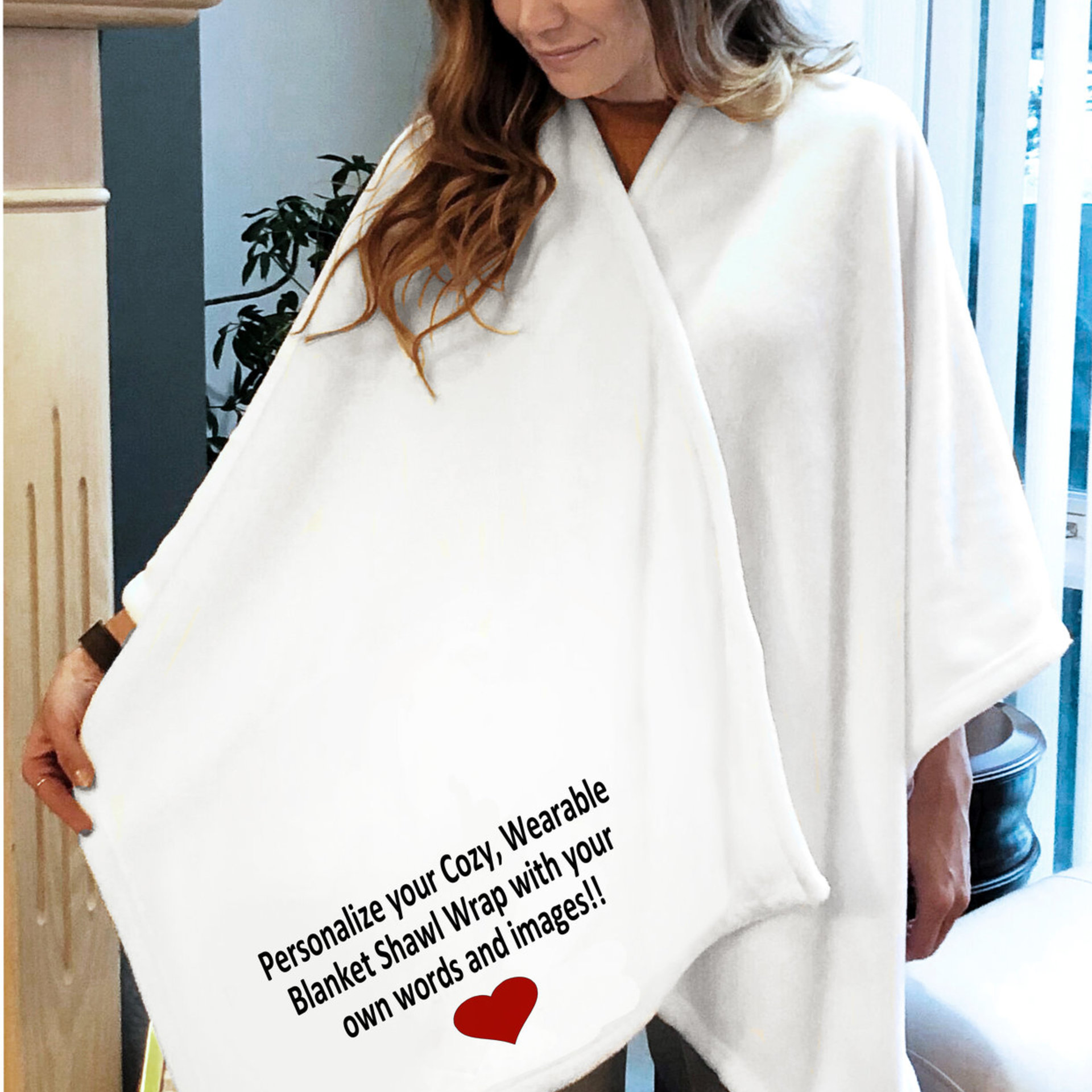 Wearable Cozy Shawl Blanket Wrap, fleece lounging shawl, personalized with a message, bridesmaid and Mom gift