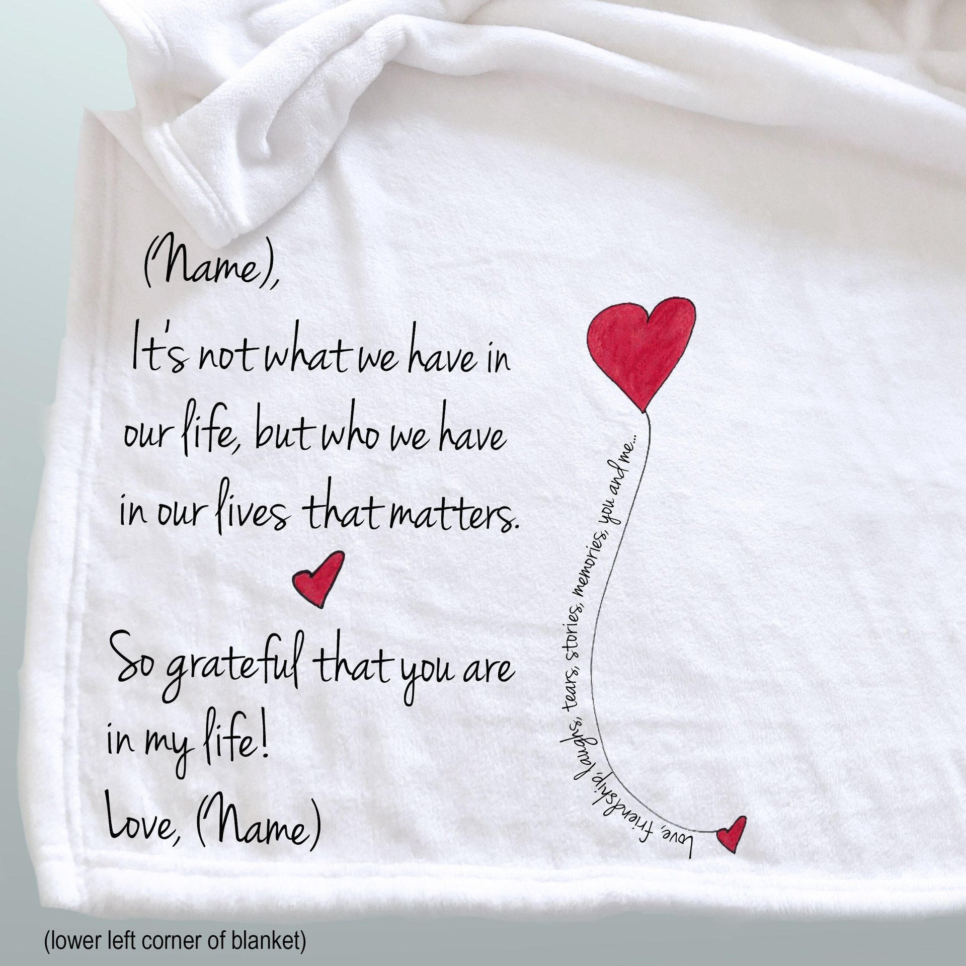 Personalized throw blanket for a friend, a message of friendship, love and shared memories.