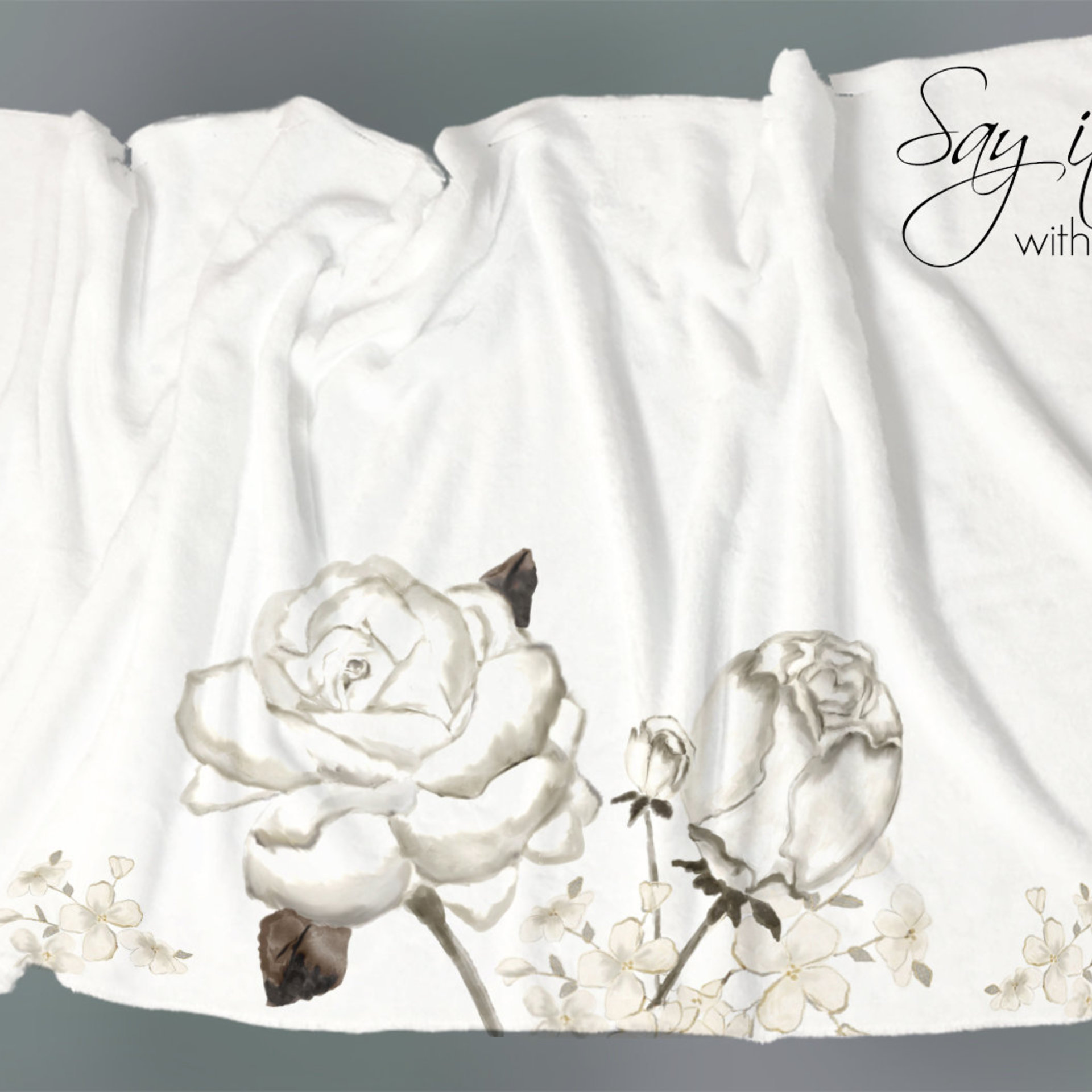 BLANKET SCARF with original drawing of roses and peony, fleece blanket scarf to wear with your jacket, fleece wrap to cuddle up with
