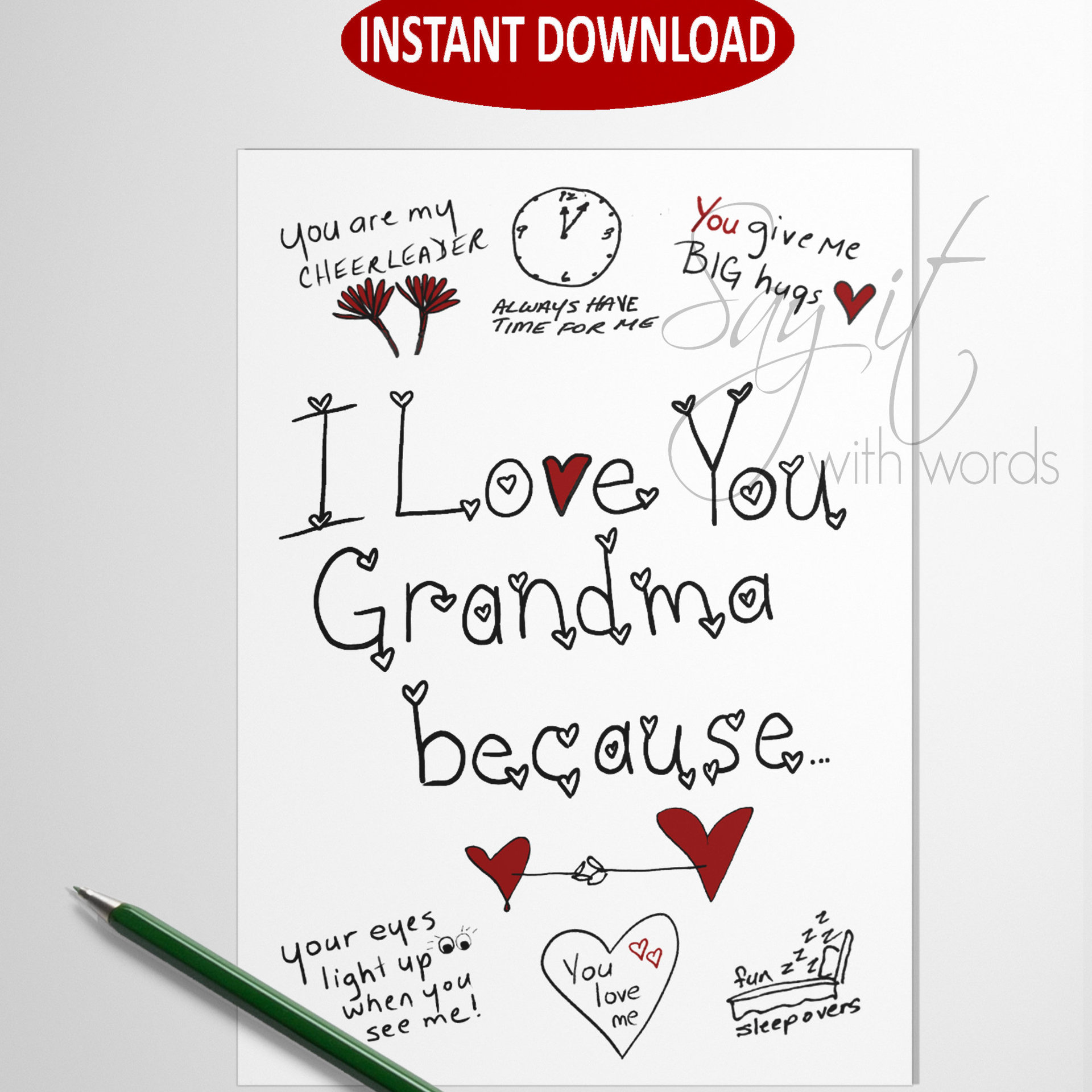 Printable greeting card for Grandma, I love you Grandma because, downloadable digital greeting card for Grandma