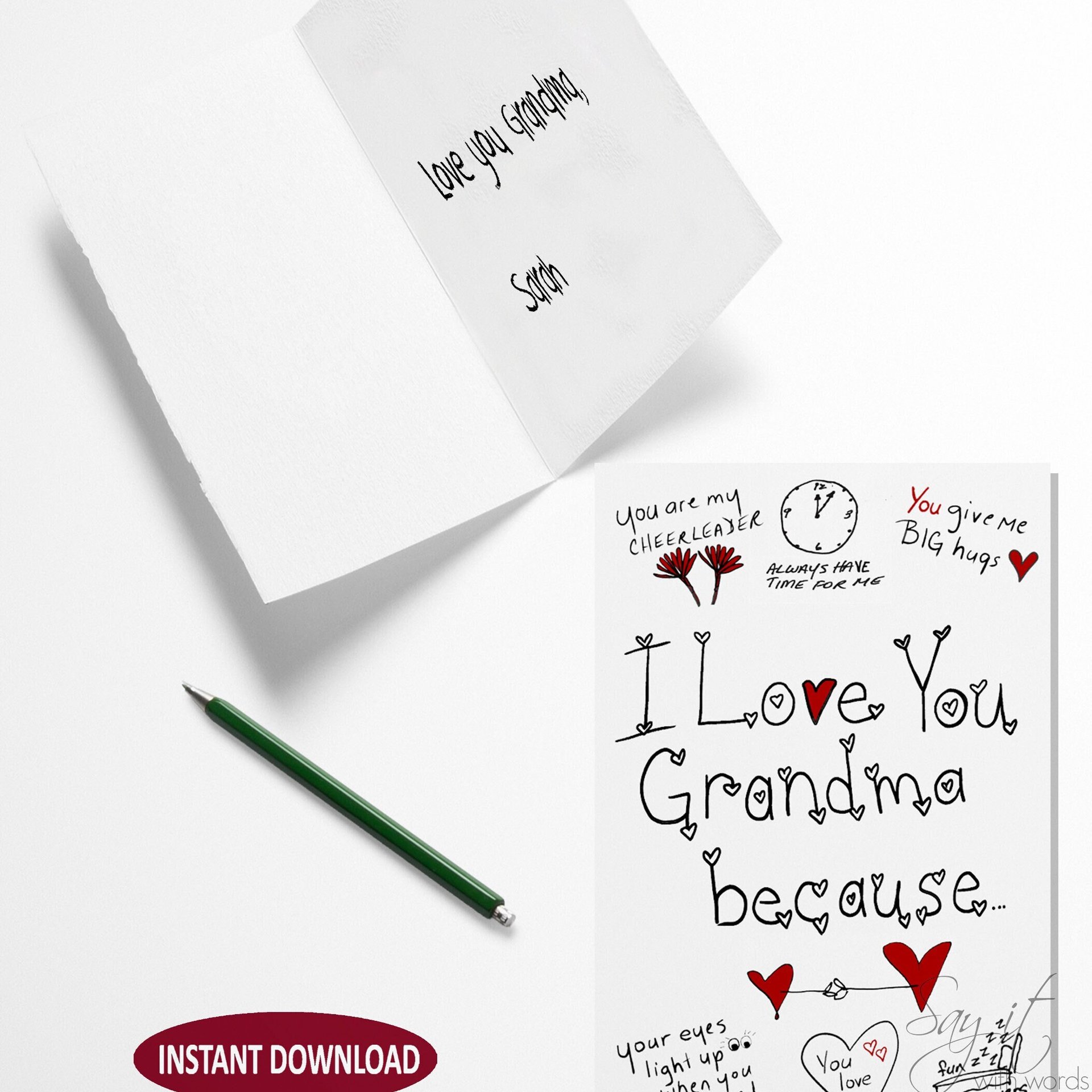 Printable greeting card for Grandma, I love you Grandma because, downloadable digital greeting card for Grandma