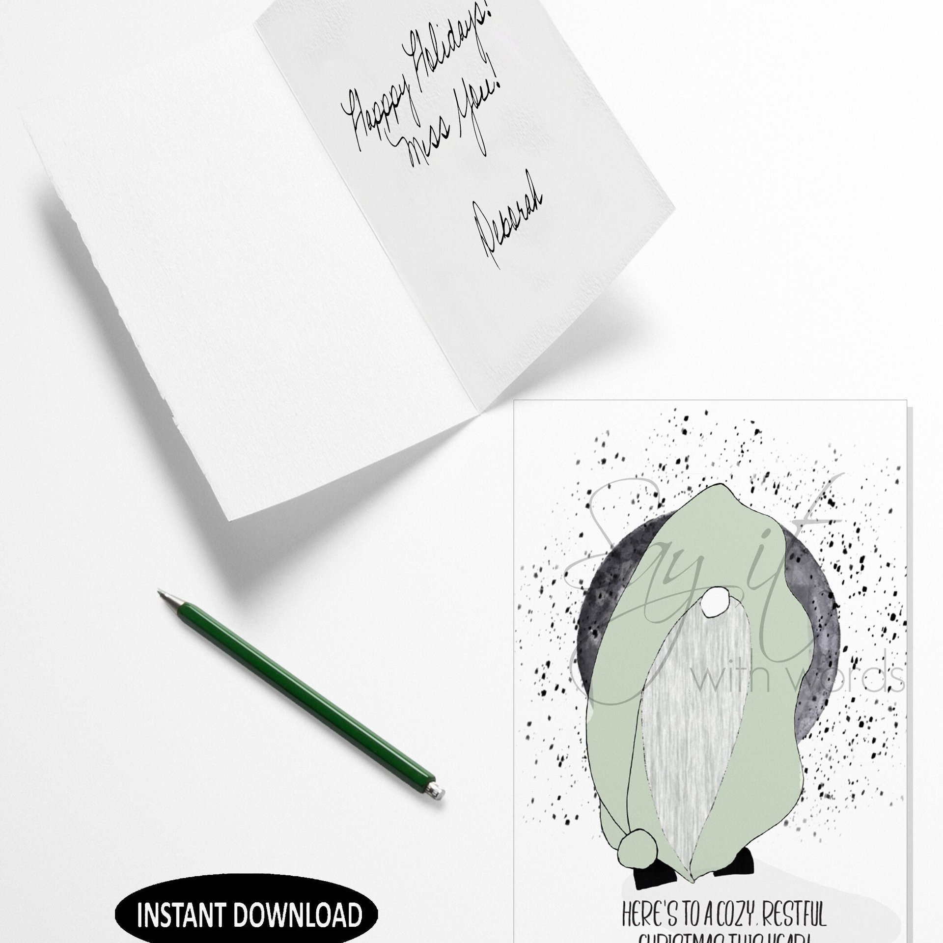 A printable Christmas greeting card with a cute gnome wishing someone a restful Christmas this year.