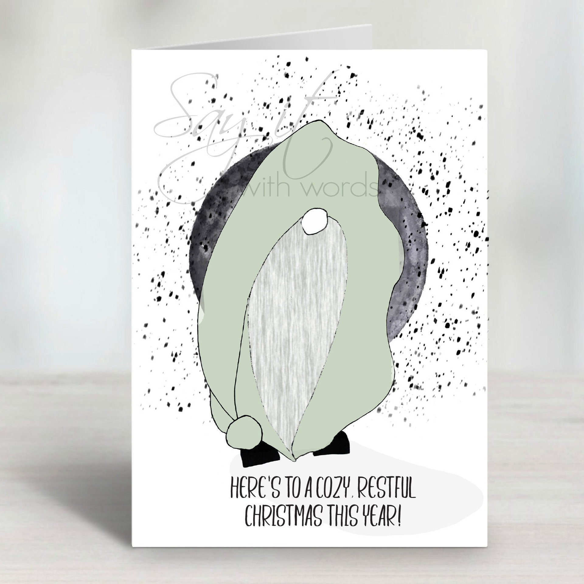 A printable Christmas greeting card with a cute gnome wishing someone a restful Christmas this year.