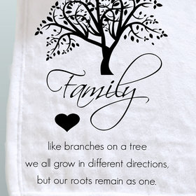Personalized fleece throw blanket for family includes family tree.