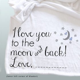 I love you to the moon and back personalized cozy throw blanket, personalized gift, Christmas gift, grey moon with 2 blue hearts.