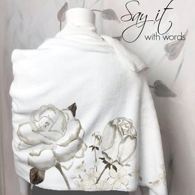 BLANKET SCARF with original drawing of roses and peony, fleece blanket scarf to wear with your jacket, fleece wrap to cuddle up with