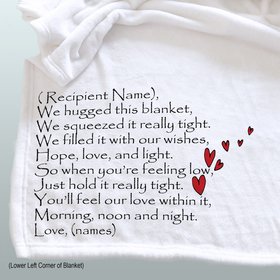 We hugged this blanket tight personalized  throw blanket, with red hearts, custom blanket of love
