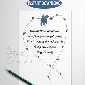 Printable Greeting card for best friend, one million memories, blue flower heart card, download and print greeting card