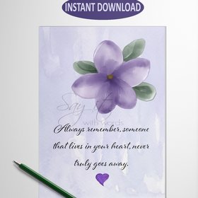 Sympathy Card, printable memorial card, digital download, forget-me-not flower, Always remember someone that lives in your heart
