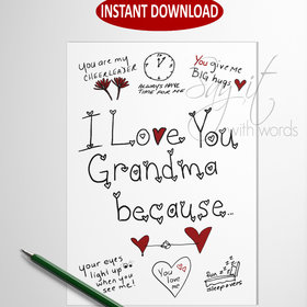 Printable greeting card for Grandma, I love you Grandma because, downloadable digital greeting card for Grandma