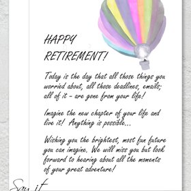 Printable greeting card for a coworker that is retiring, Happy Retirement, new chapter, watercolour hot air balloon drawing