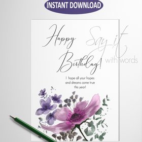 Printable greeting card, Happy Birthday card, hopes and dreams, blank birthday card, purple and pink greeting card