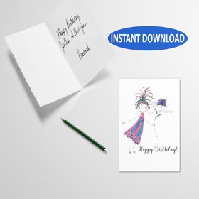 A digital downloadable birthday card with a watercolour stick girl and flower, a Happy Birthday card
