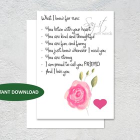 Digital greeting card, card for a friend, personal note for a friend, a card with the reasons someone is your friend, heart note