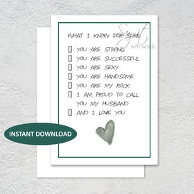 Digital greeting card, card for a your husband, what I know for sure about my husband, a Valentine's card for your husband