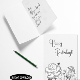 Printable greeting Happy Birthday card, downloadable Happy Birthday with hand drawn roses and peony card