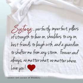 Personalized sister gift with message on a cozy fleece blanket.