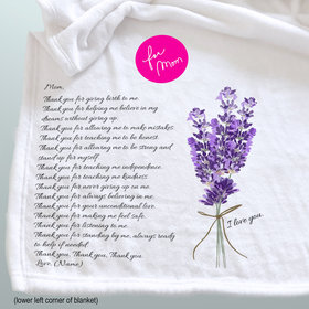A beautiful blanket for Mom with the reasons you are grateful for her and beautiful purple lavender.