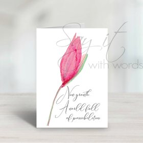 Blank downloadable printable greeting card with hand drawn watercolour rose bud, inspirational card for someone beginning something new